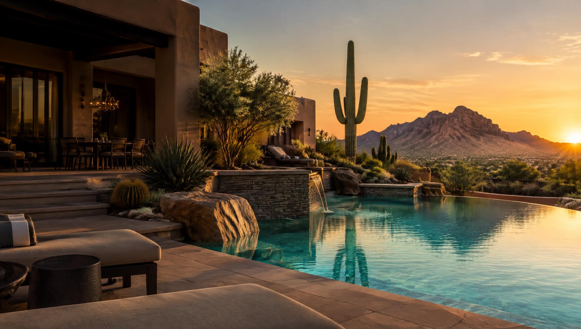 Backyard pool with clear water and desert landscaping at sunset in Arizona